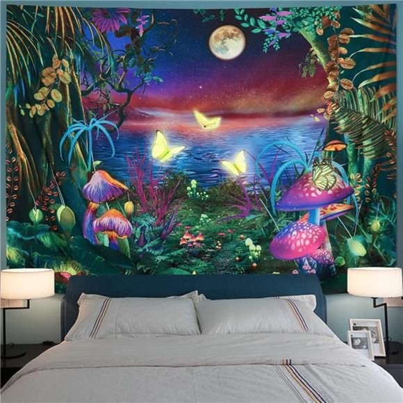 Blacklight Fantasy Forest Tapestry Aesthetic Moon Tapestry UV Reactive Butterfly - Picture 4 of 6
